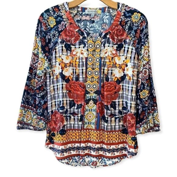 Figueroa & Flower Sz S Navy Blue Mixed Floral Pattern BOHO Relaxed Fit Blouse - Picture 1 of 10
